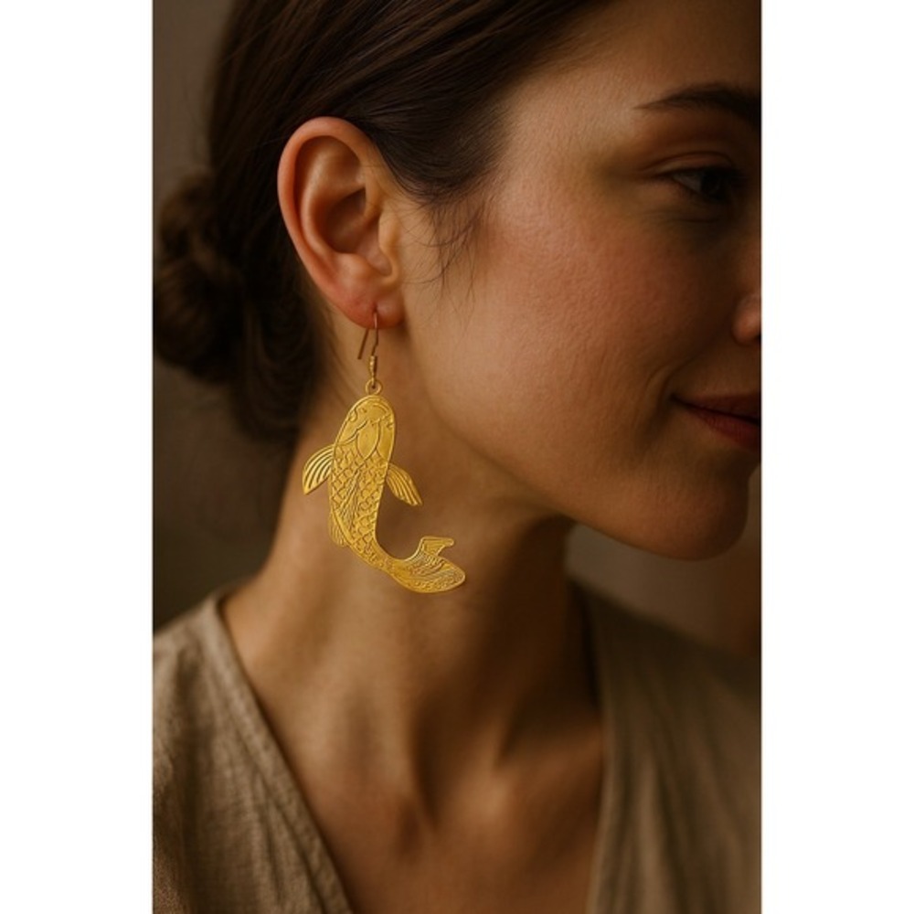 Golden metal Koi Fish Earrings – Luck & Serenity Statement Dangle new‎